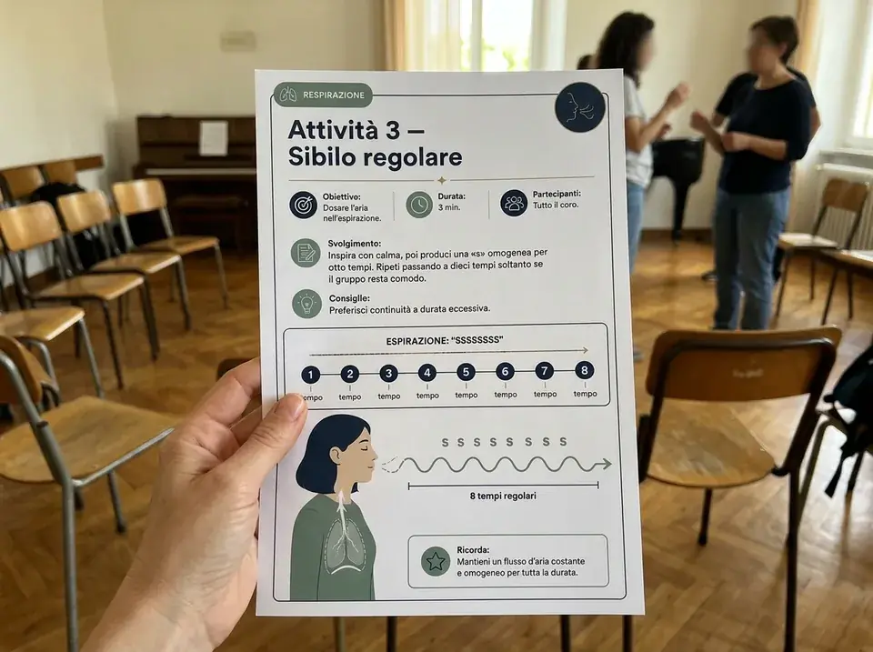 Una mano tiene una scheda A4 di respirazione per il coro