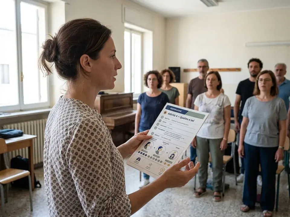 Una direttrice usa la scheda stampata davanti a un coro italiano